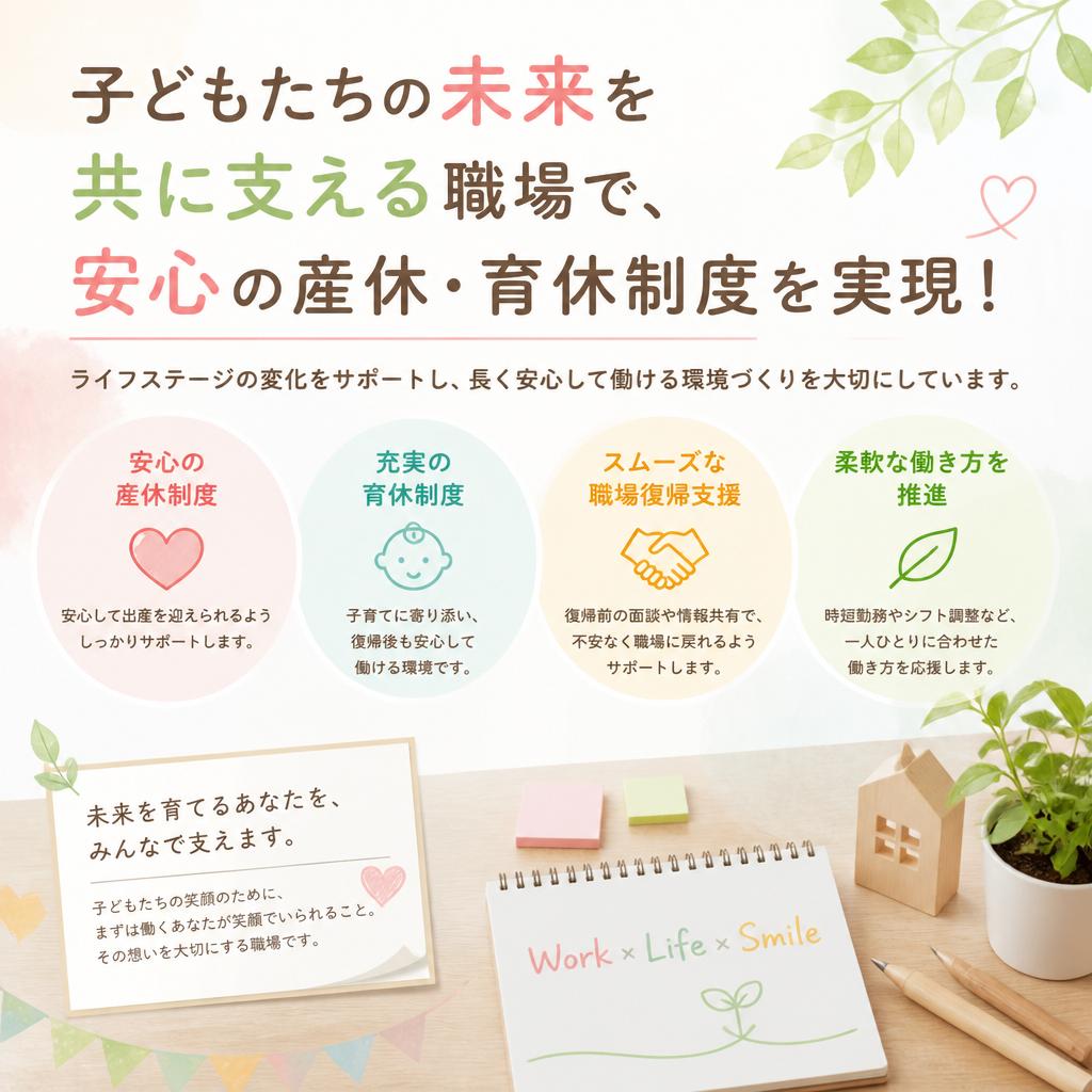 子どもたちの未来を共に支える職場で、安心の産休・育休制度を実現！