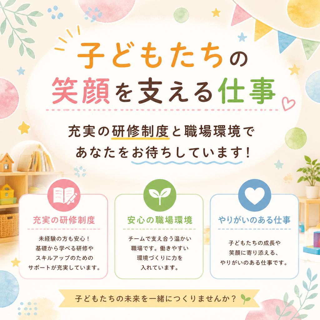 子どもたちの笑顔を支える仕事、充実の研修制度と職場環境であなたをお待ちしています！