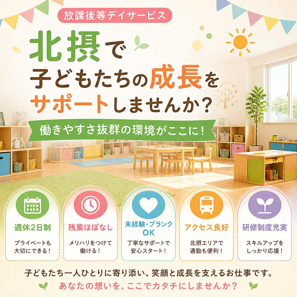 放課後等デイサービス北摂で子どもたちの成長をサポートしませんか？働きやすさ抜群の環境がここに！