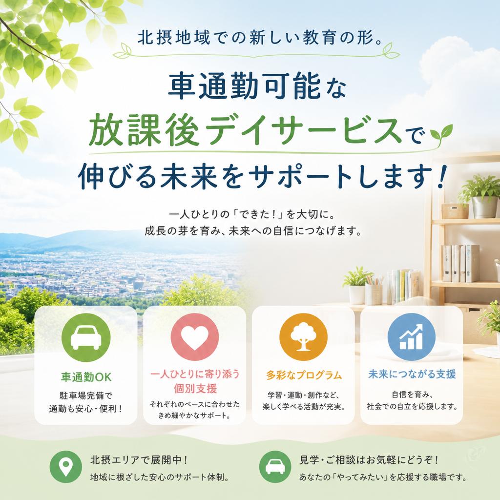 北摂地域での新しい教育の形。車通勤可能な放課後デイサービスで伸びる未来をサポートします！
