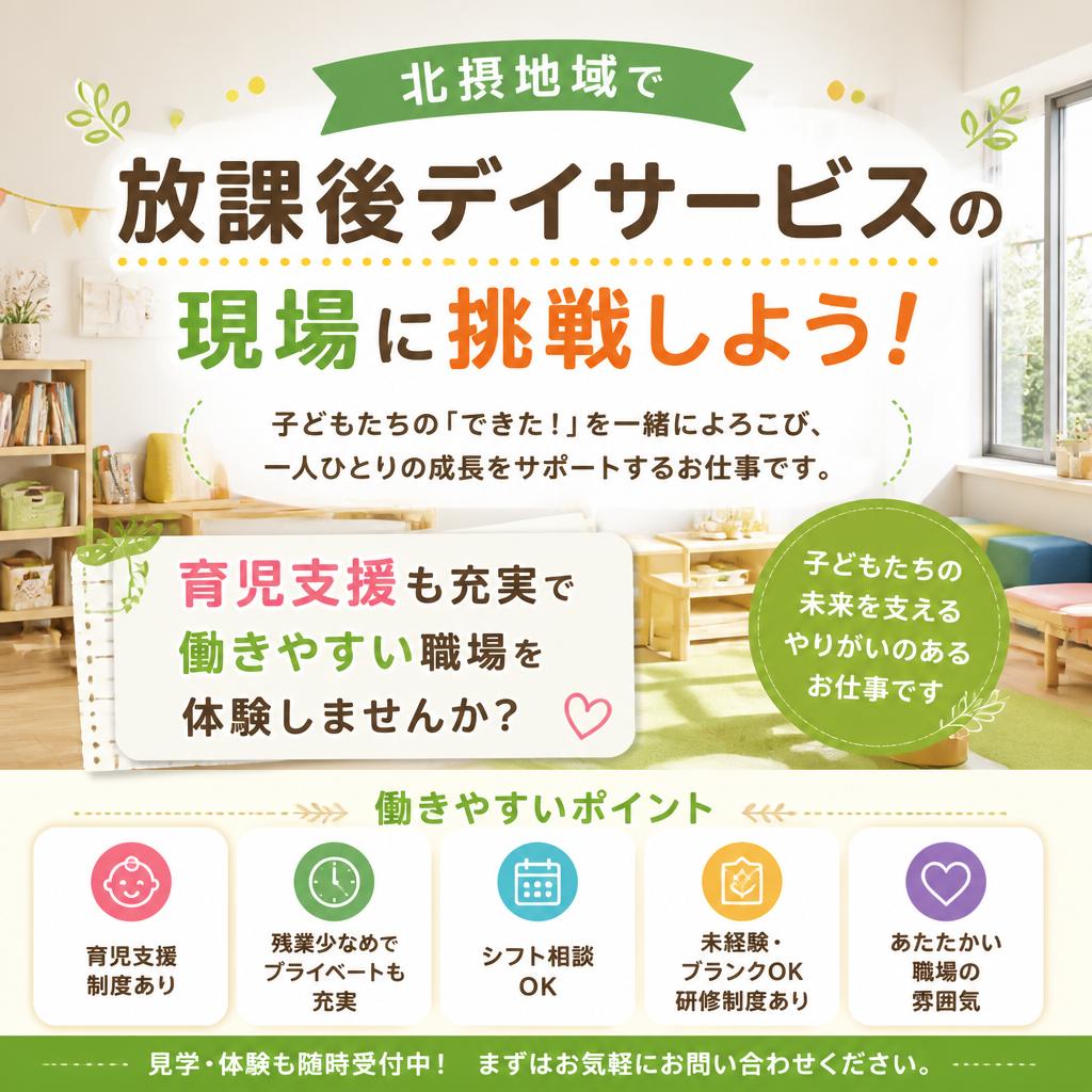北摂地域で放課後デイサービスの現場に挑戦しよう！育児支援も充実で働きやすい職場を体験しませんか？