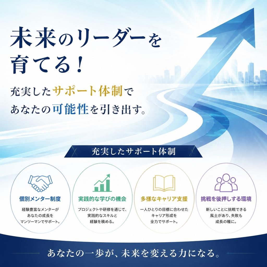 未来のリーダーを育てる！充実したサポート体制であなたの可能性を引き出す。