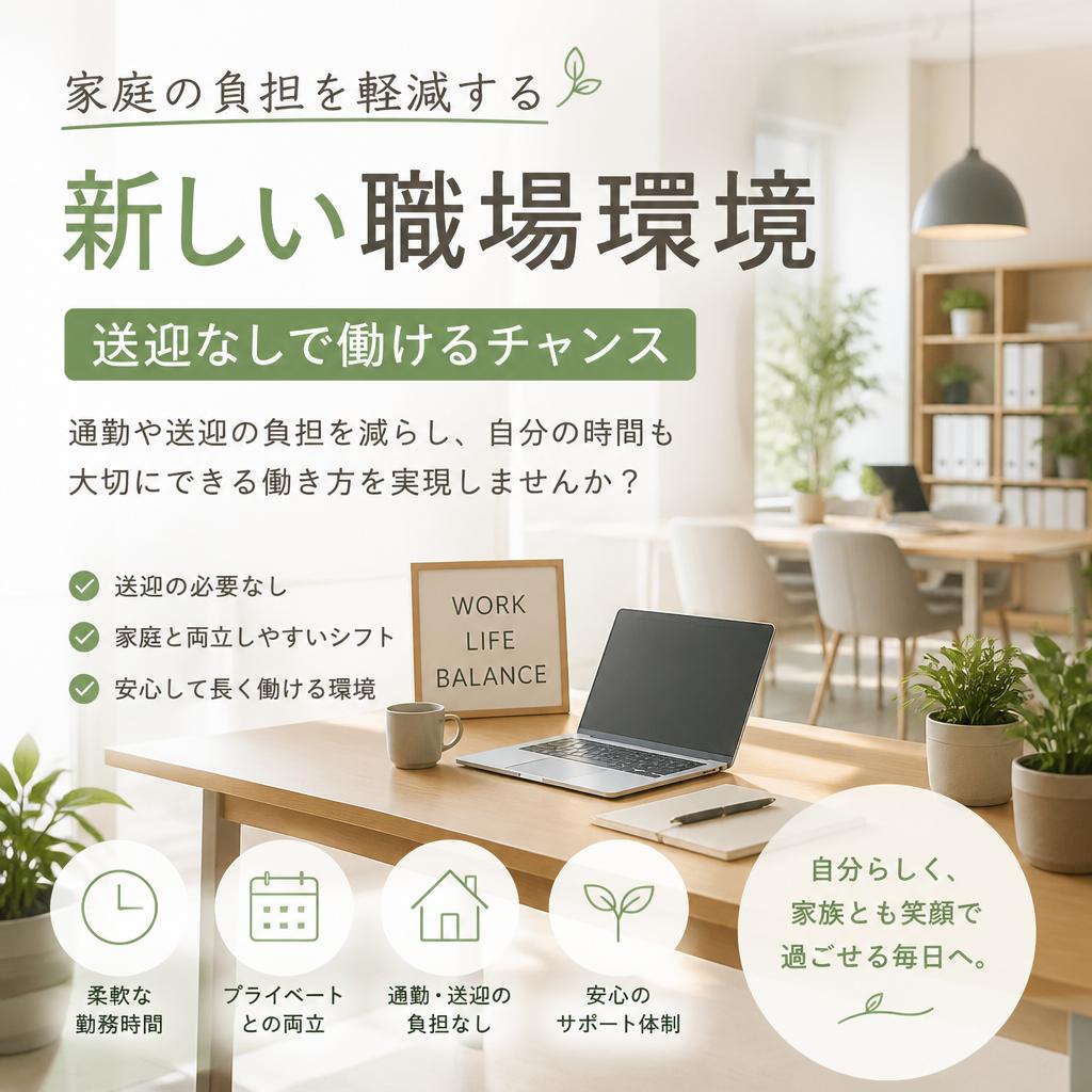 家庭の負担を軽減する新しい職場環境、送迎なしで働けるチャンス